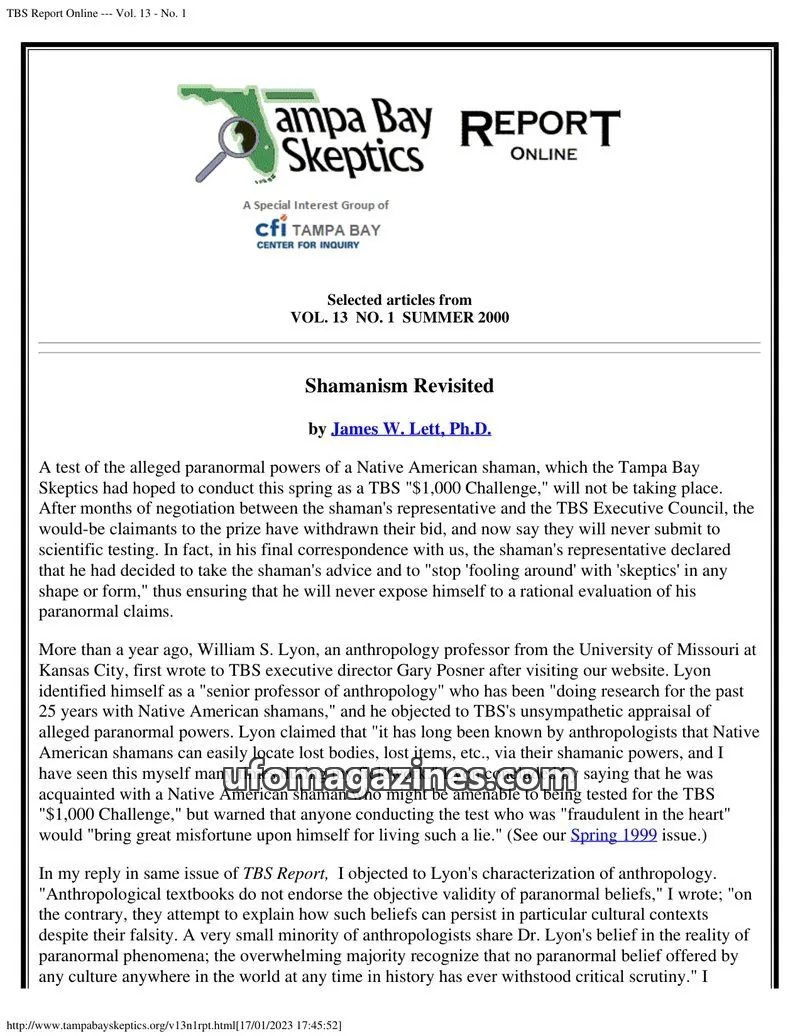 Cover of Tampa Bay Skeptics Report issue Vol. 13 - No. 1: TBS Report Online