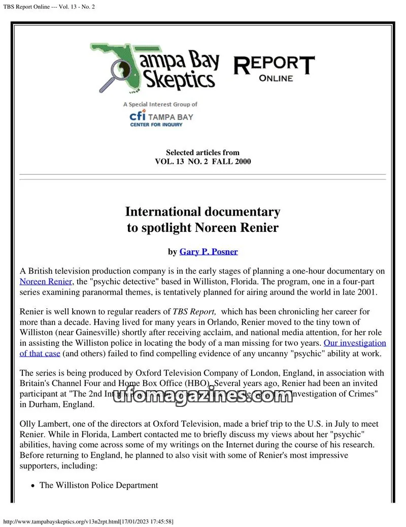 Cover of Tampa Bay Skeptics Report issue Vol. 13 - No. 2: TBS Report Online