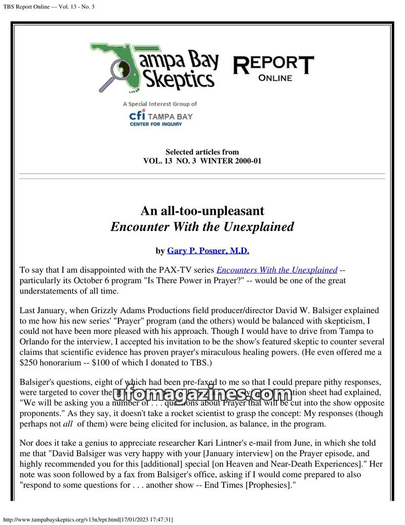 Cover of Tampa Bay Skeptics Report issue No. 3: TBS Report Online