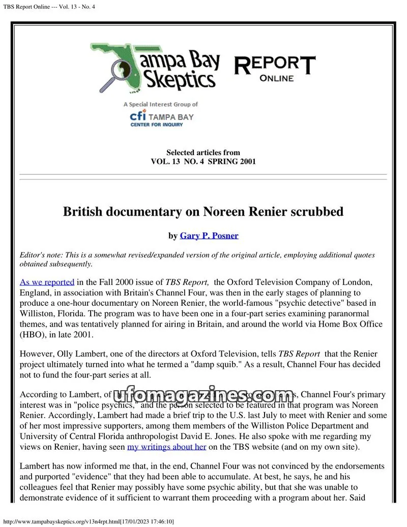 Cover of Tampa Bay Skeptics Report issue No. 4: TBS Report Online