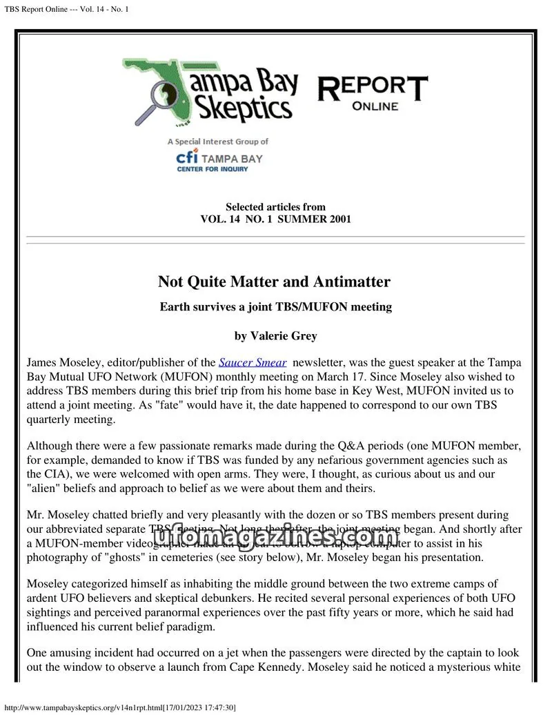 Cover of Tampa Bay Skeptics Report issue Vol. 14 - No. 1: TBS Report Online