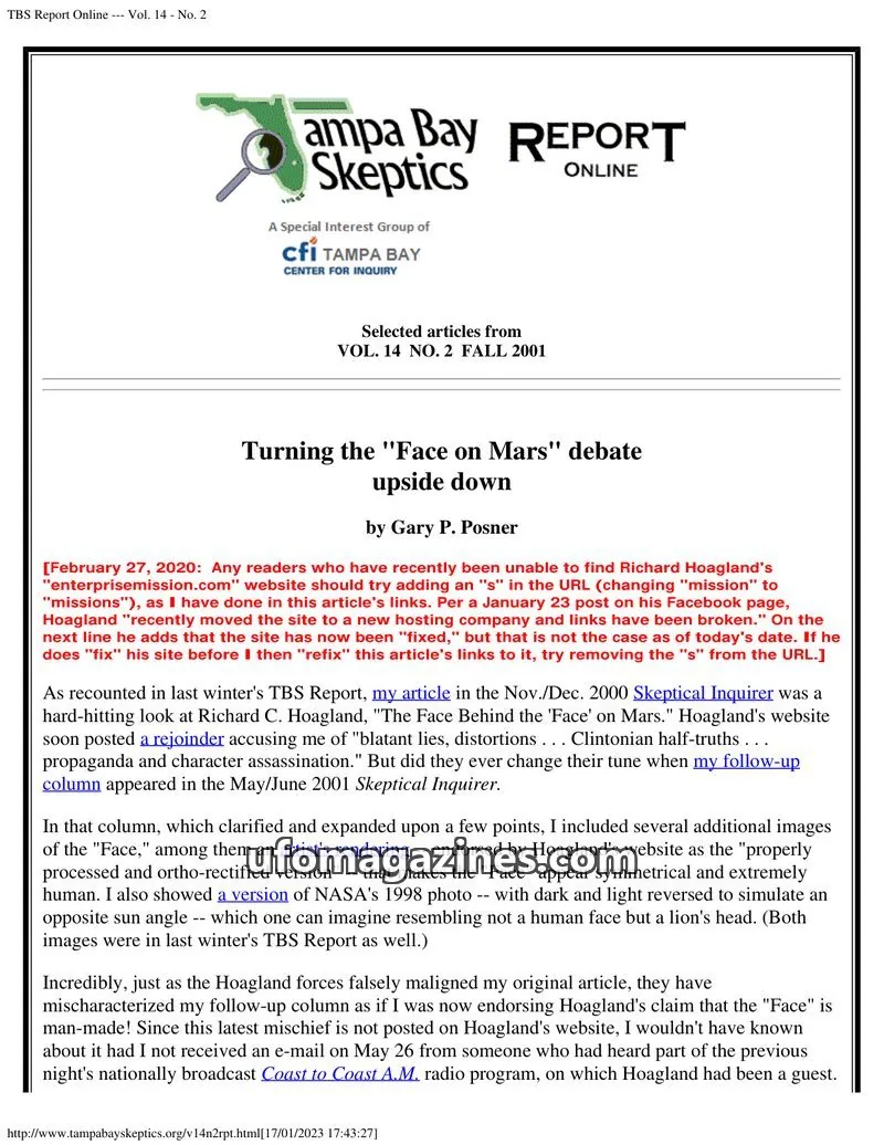 Cover of Tampa Bay Skeptics Report issue No. 2: TBS Report Online