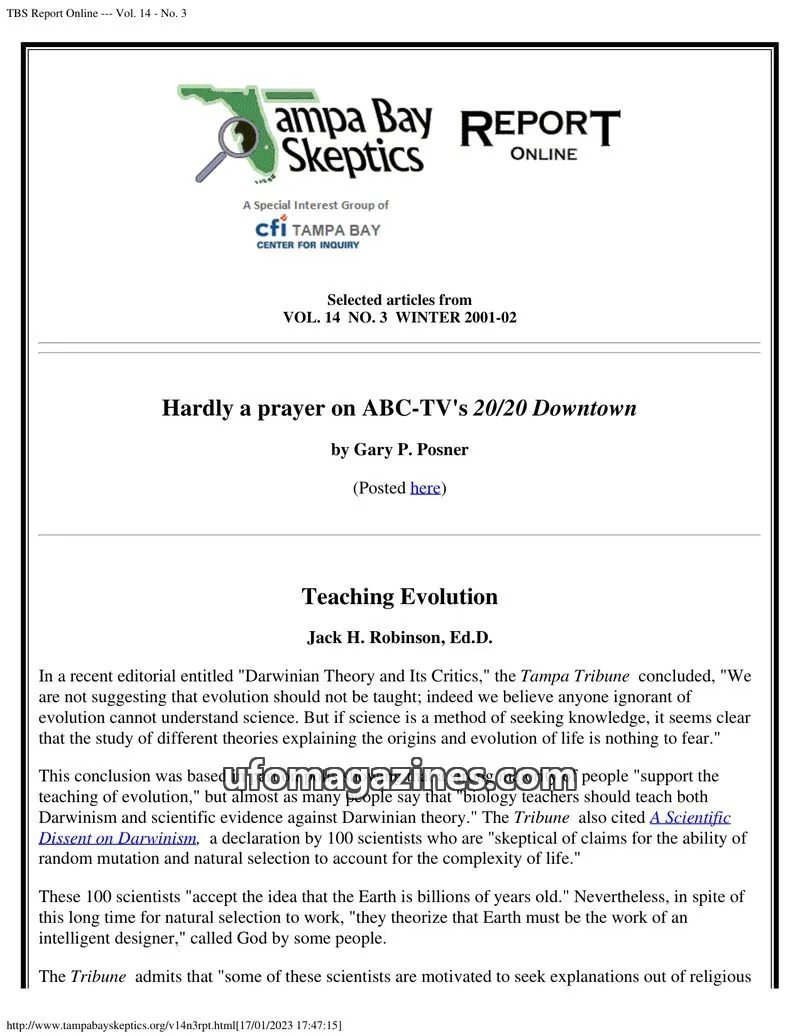Cover of Tampa Bay Skeptics Report issue Vol. 14 - No. 3: TBS Report Online