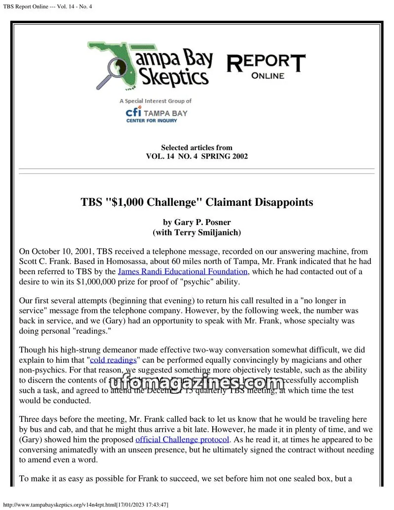 Cover of Tampa Bay Skeptics Report issue Vol. 14 - No. 4: TBS Report Online