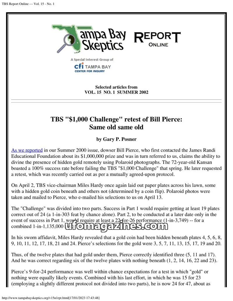 Cover of Tampa Bay Skeptics Report issue No. 1: TBS Report Online