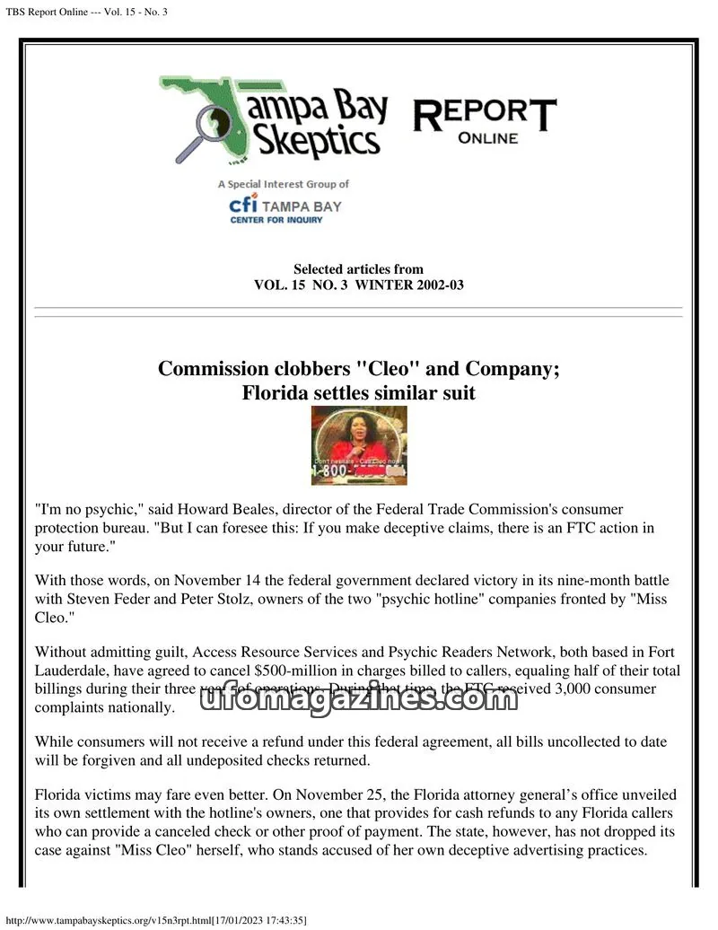 Cover of Tampa Bay Skeptics Report issue Vol. 15 - No. 3: TBS Report Online