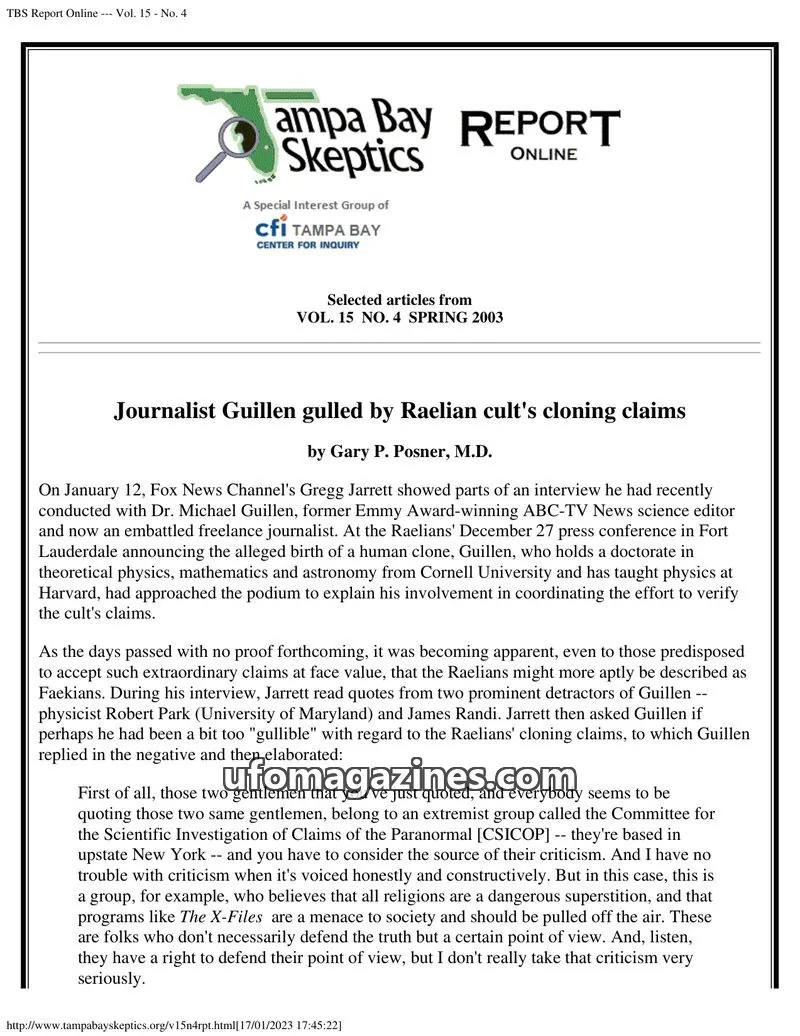 Cover of Tampa Bay Skeptics Report issue 4: TBS Report Online