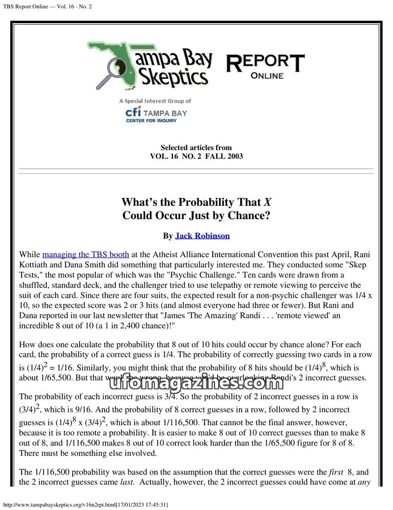 Cover of Tampa Bay Skeptics Report issue No. 2: TBS Report Online