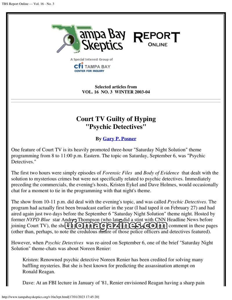 Cover of Tampa Bay Skeptics Report issue No. 3: TBS Report Online