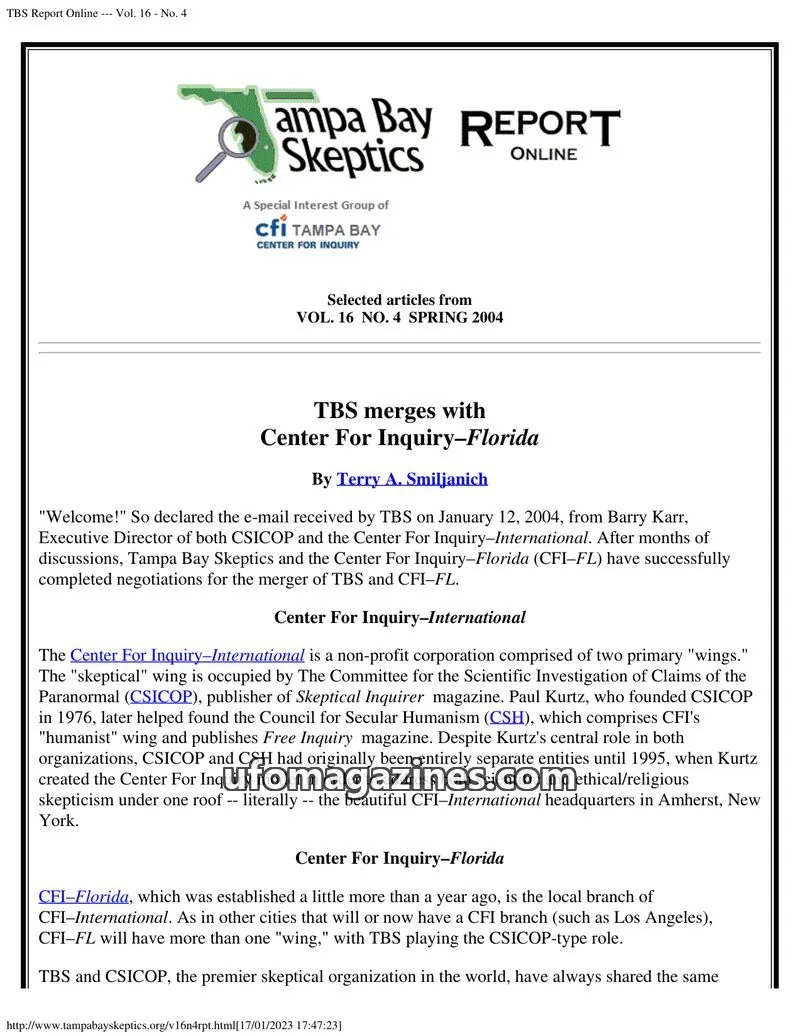 Cover of Tampa Bay Skeptics Report issue No. 4: TBS Report Online