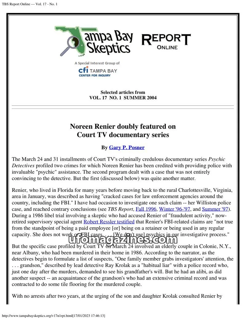 Cover of Tampa Bay Skeptics Report issue Vol. 17 - No. 1: TBS Report Online
