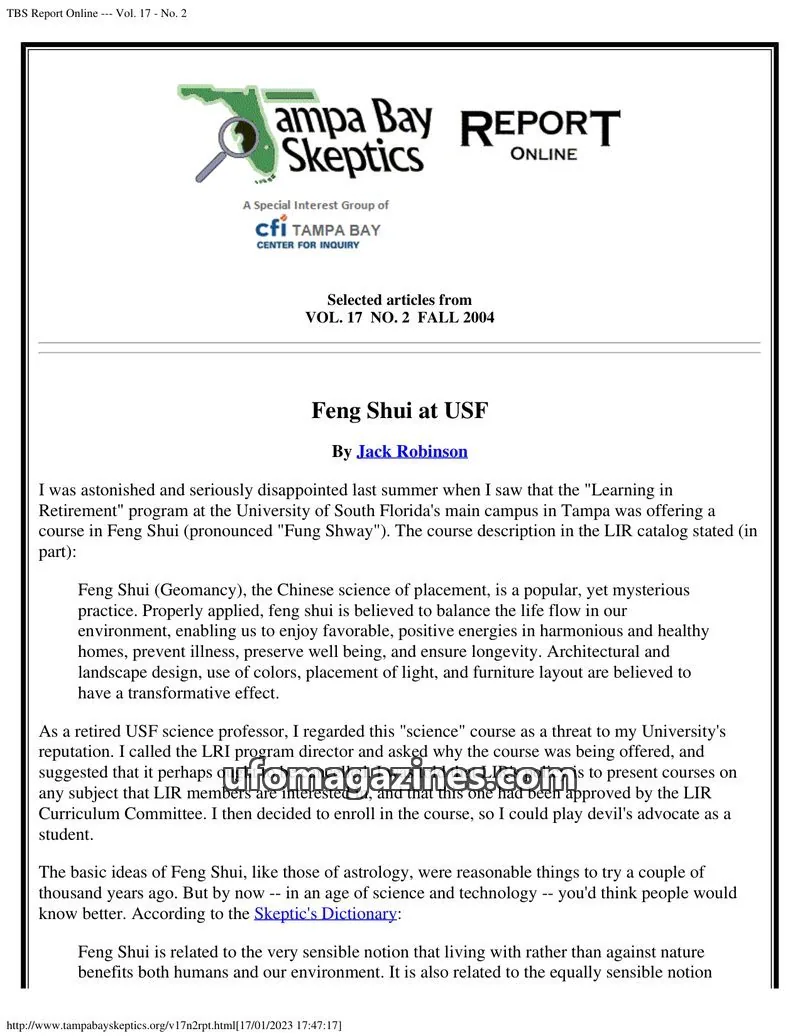Cover of Tampa Bay Skeptics Report issue No. 2: TBS Report Online