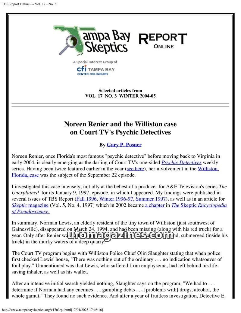 Cover of Tampa Bay Skeptics Report issue Vol. 17 - No. 3: Tampa Bay REPORT ONLINE