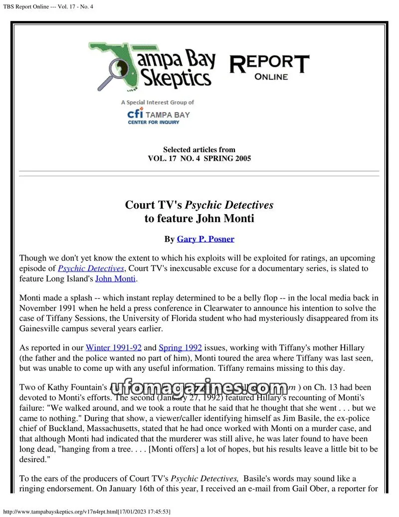 Cover of Tampa Bay Skeptics Report issue No. 4: TBS Report Online