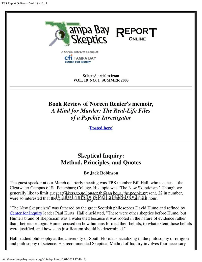 Cover of Tampa Bay Skeptics Report issue 1: TBS Report Online