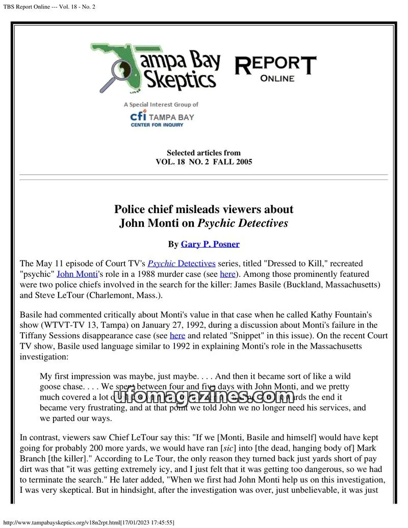 Cover of Tampa Bay Skeptics Report issue No. 2: TBS Report Online