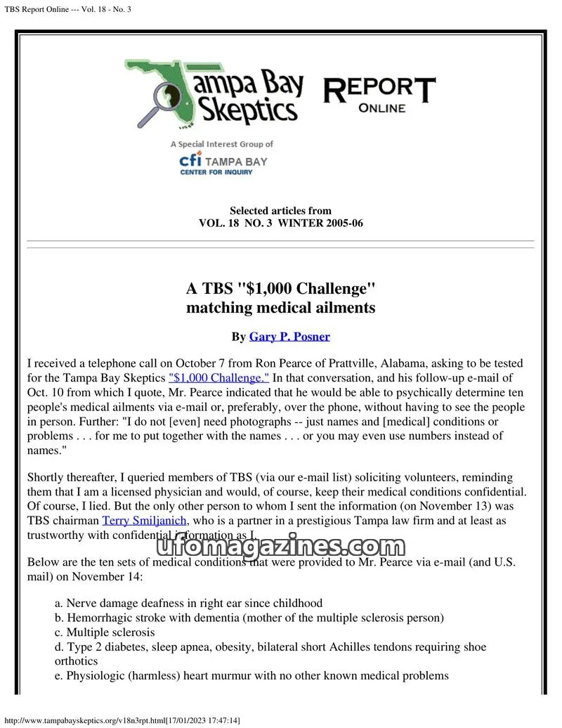 Cover of Tampa Bay Skeptics Report issue No. 3: TBS Report Online