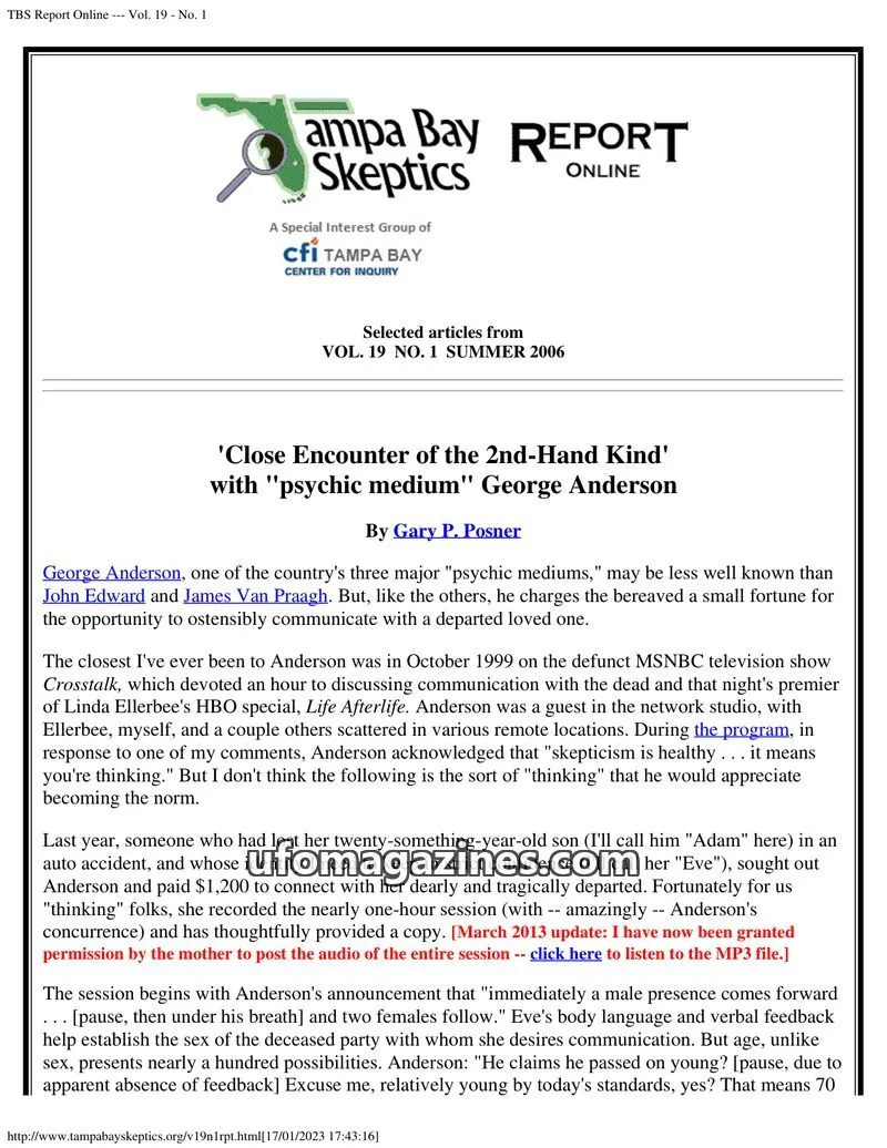 Cover of Tampa Bay Skeptics Report issue No. 1: TBS Report Online