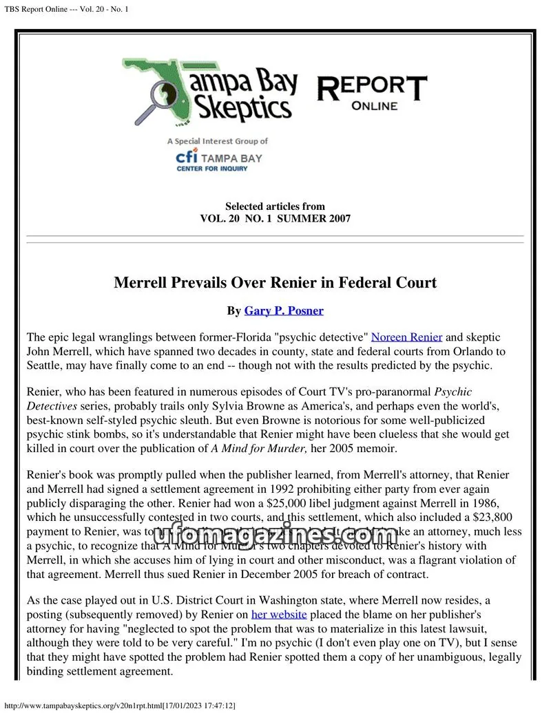 Cover of Tampa Bay Skeptics Report issue No. 1: TBS Report Online