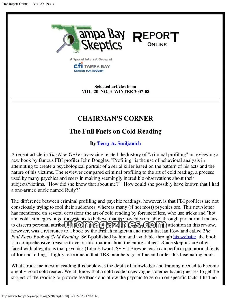 Cover of Tampa Bay Skeptics Report issue No. 3: TBS Report Online