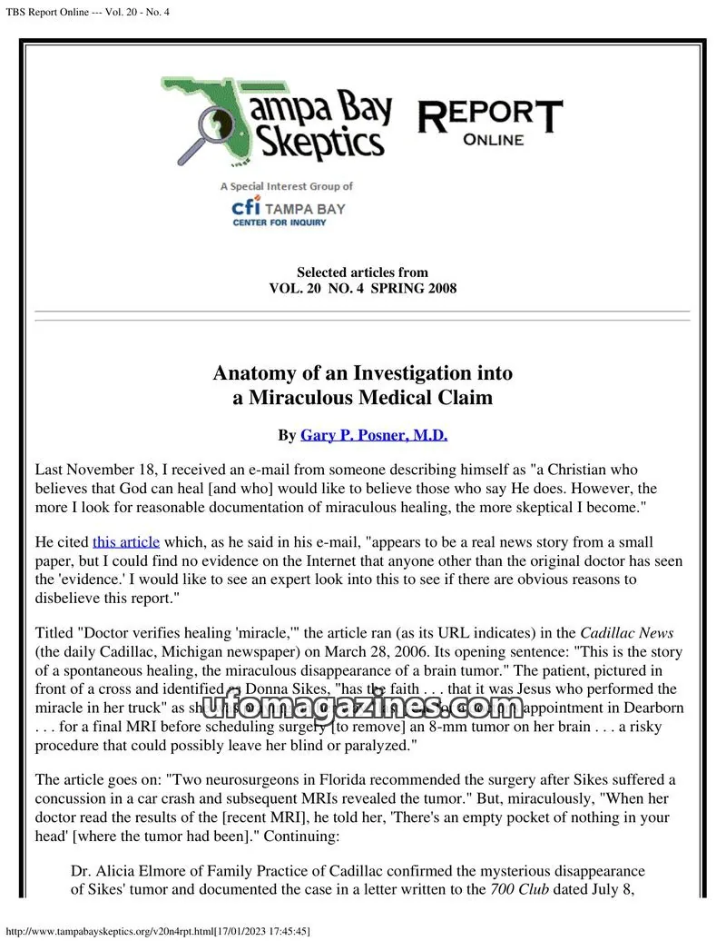 Cover of Tampa Bay Skeptics Report issue No. 4: TBS Report Online