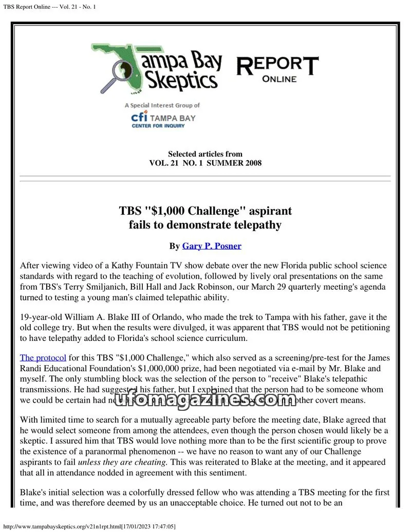 Cover of Tampa Bay Skeptics Report issue Vol. 21 - No. 1: TBS Report Online