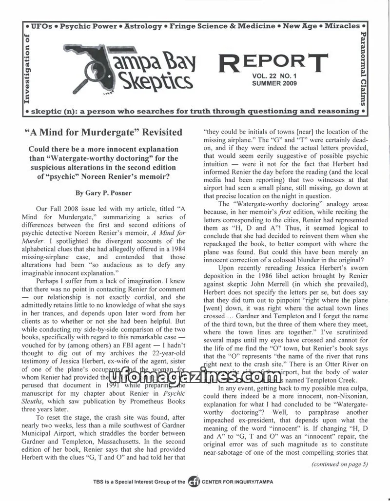 Cover of Tampa Bay Skeptics Report issue VOL. 22 NO. 1: Tampa Bay Skeptics Report