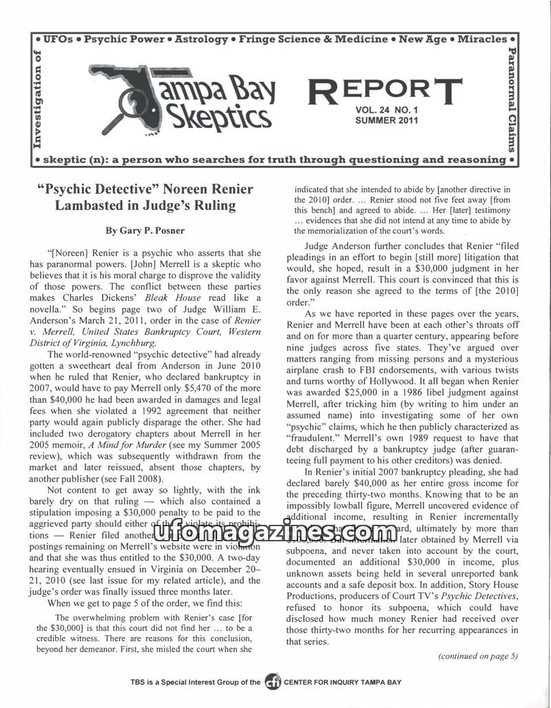 Cover of Tampa Bay Skeptics Report issue VOL. 24 NO. 1: Tampa Bay Skeptics Report