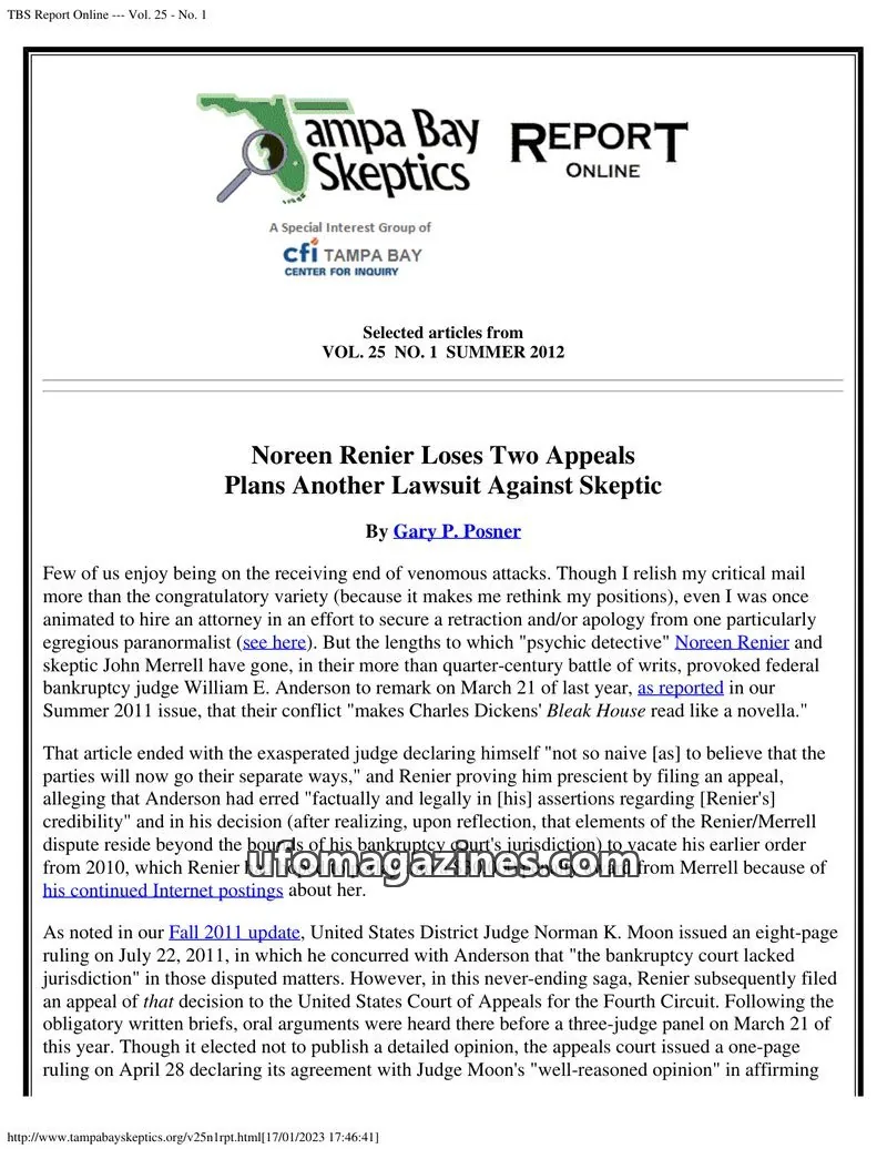 Cover of Tampa Bay Skeptics Report issue Vol. 25 - No. 1: TBS Report Online
