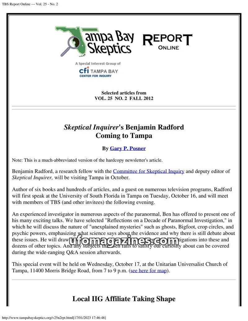 Cover of Tampa Bay Skeptics Report issue Vol. 25 - No. 2: TBS Report Online