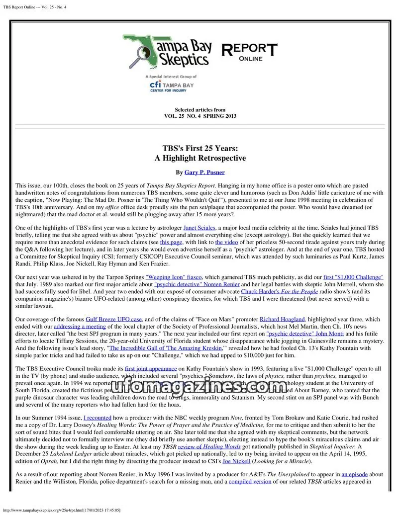 Cover of Tampa Bay Skeptics Report issue Vol. 25 - No. 4: TBS Report Online