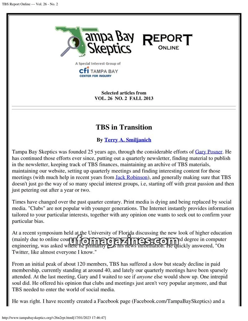 Cover of Tampa Bay Skeptics Report issue Vol. 26 No. 2: Tampa Bay Skeptics REPORT ONLINE