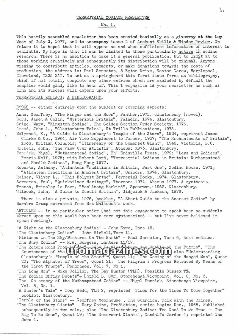 Cover of Terrestrial Zodiacs Newsletter (Paul Screeton) issue 1: TERRESTRIAL ZODIACS NEWSLETTER
