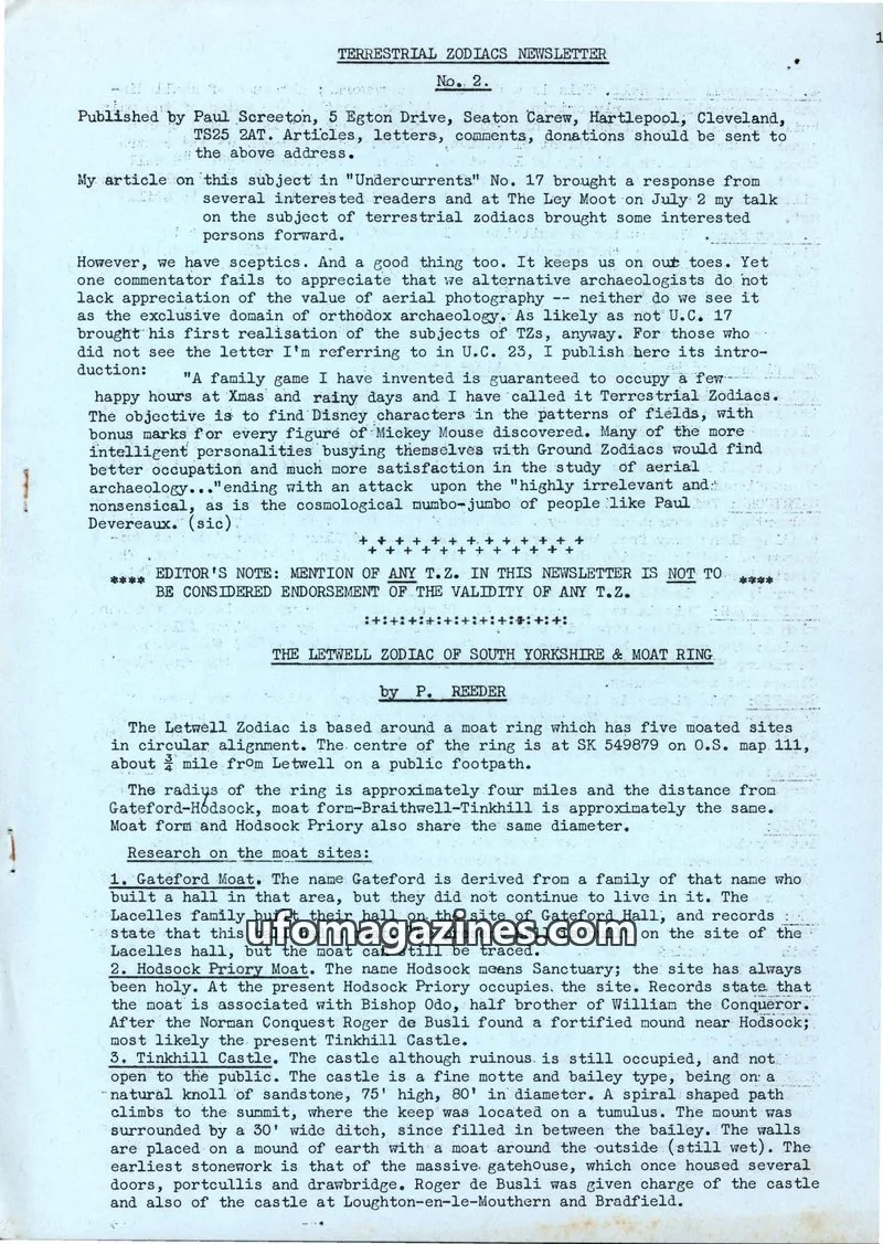 Cover of Terrestrial Zodiacs Newsletter (Paul Screeton) issue No. 2.: TERRESTRIAL ZODIACS NEWSLETTER