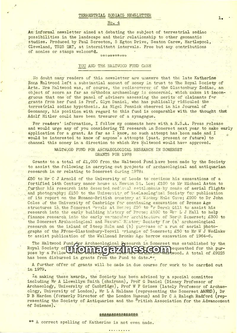 Cover of Terrestrial Zodiacs Newsletter (Paul Screeton) issue 4: TERRESTRIAL ZODIACS NEWSLETTER