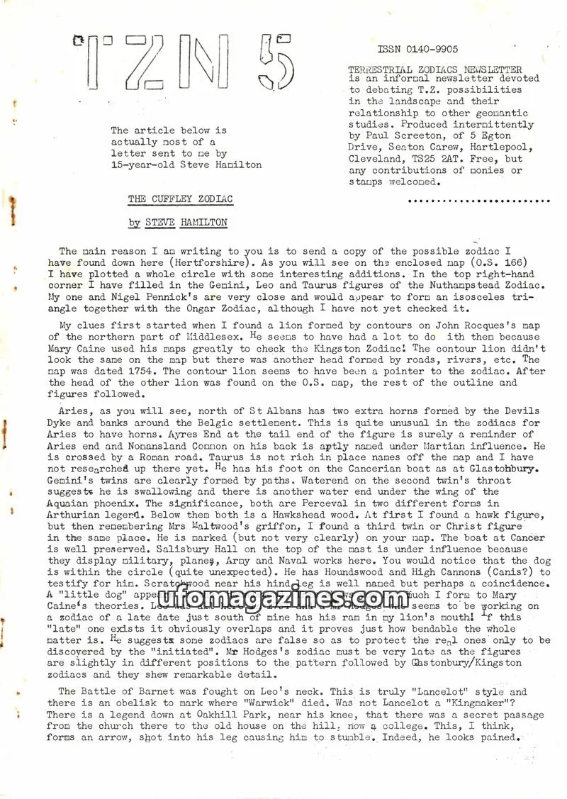 Cover of Terrestrial Zodiacs Newsletter (Paul Screeton) issue 5: TERRESTRIAL ZODIACS NEWSLETTER