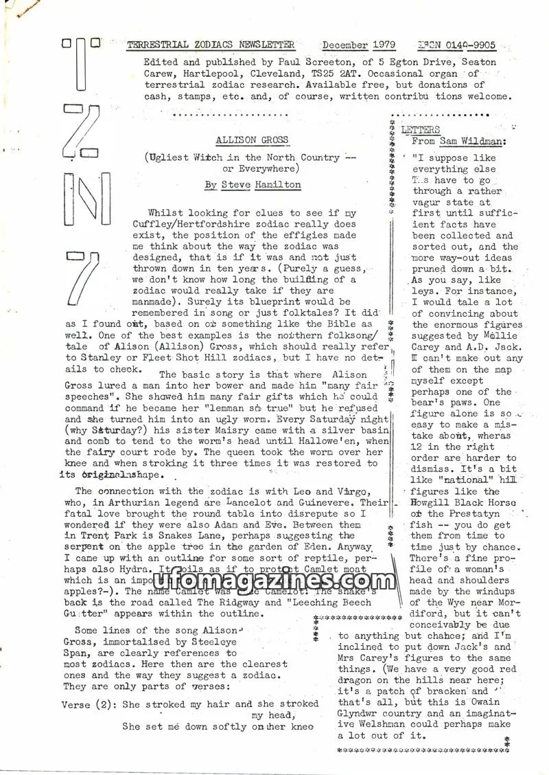 Cover of Terrestrial Zodiacs Newsletter (Paul Screeton) issue 6: TERRESTRIAL ZODIACS NEWSLETTER