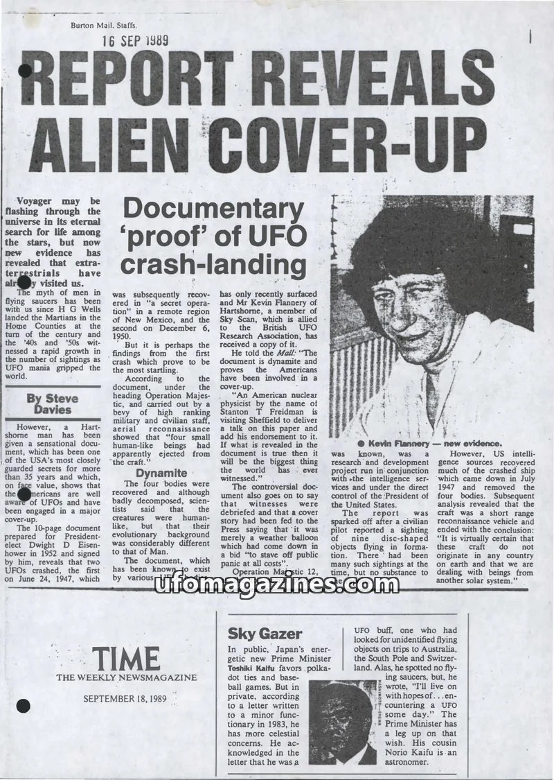 Cover of Time issue 16 SEP 1989: REPORT REVEALS ALIEN COVER-UP
