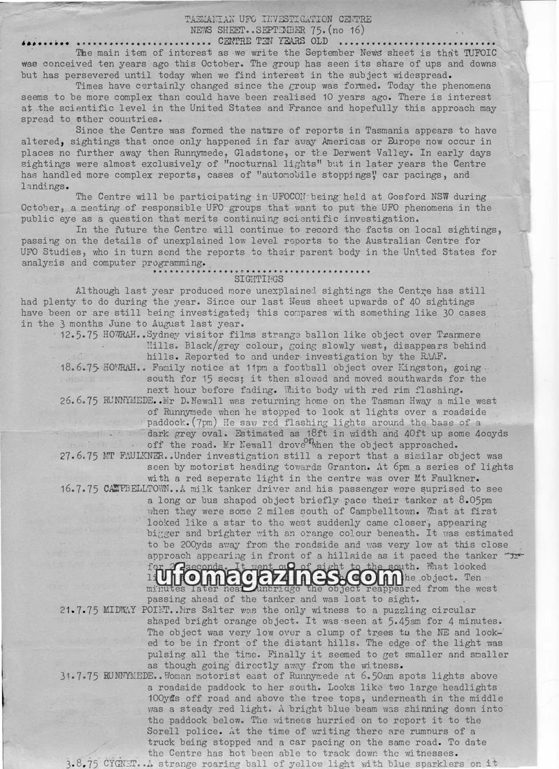 Cover of TUFOIC Newsletter issue 16: TASMANIAN UFO INVESTIGATION CENTRE NEWS SHEET
