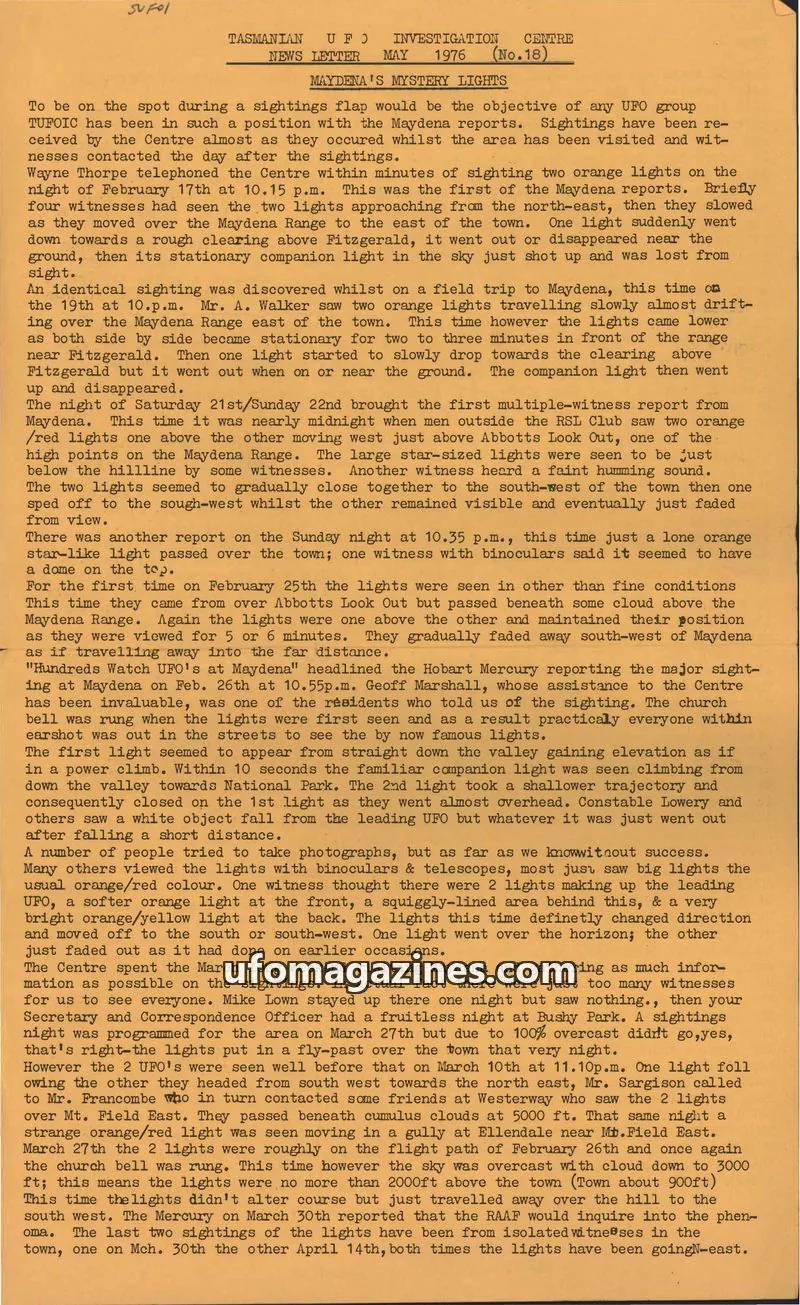 Cover of TUFOIC Newsletter issue No.18: TASMANIAN UFO INVESTIGATION CENTRE NEWS LETTER
