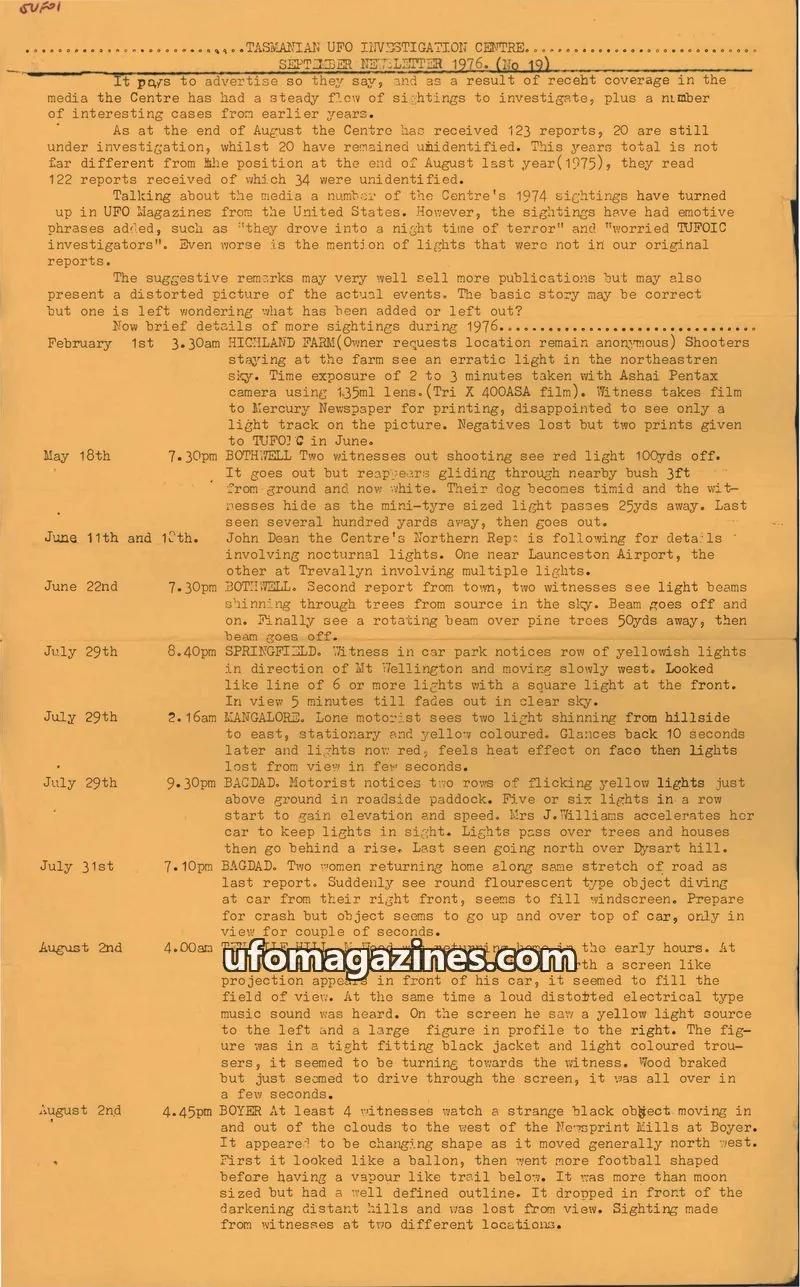Cover of TUFOIC Newsletter issue SEPTEMBER NEWSLETTER 1976. (No 19): TASMANIAN UFO INVESTIGATION CENTRE.