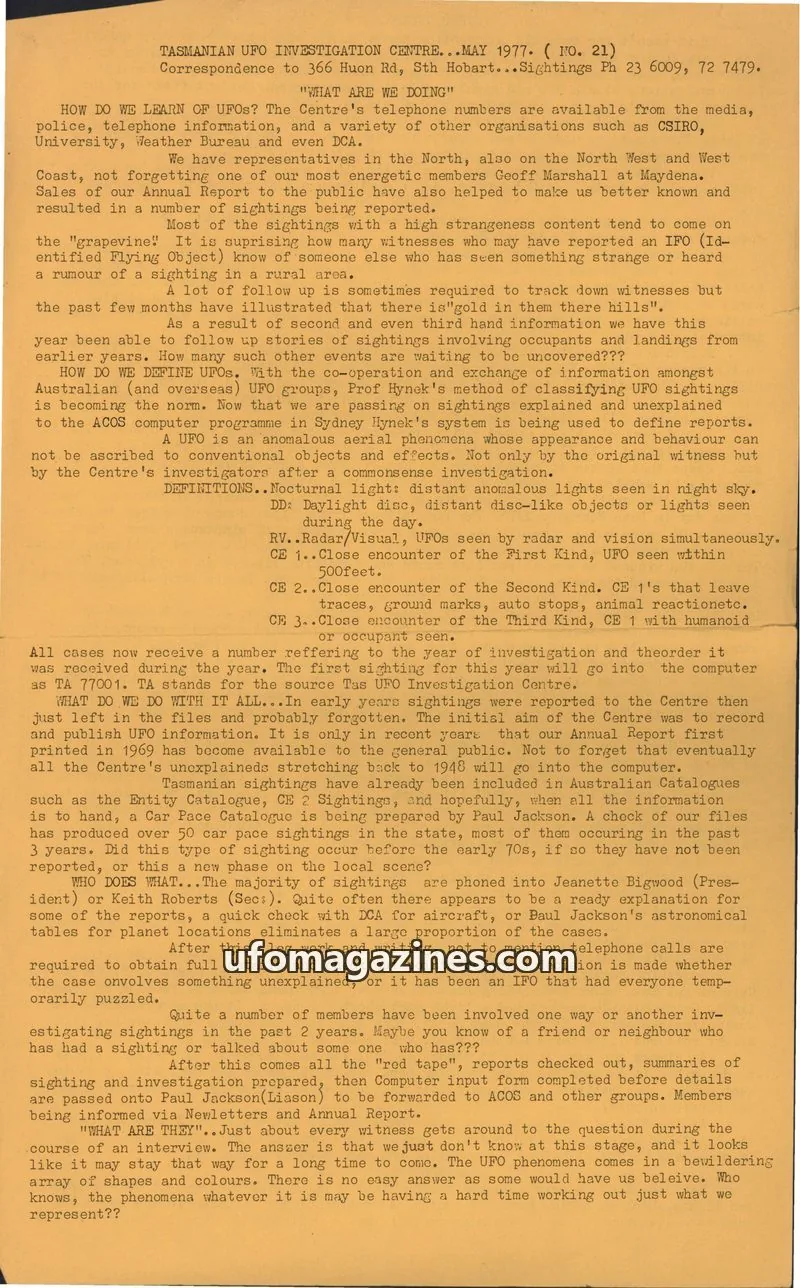Cover of TUFOIC Newsletter issue 21: TASMANIAN UFO INVESTIGATION CENTRE
