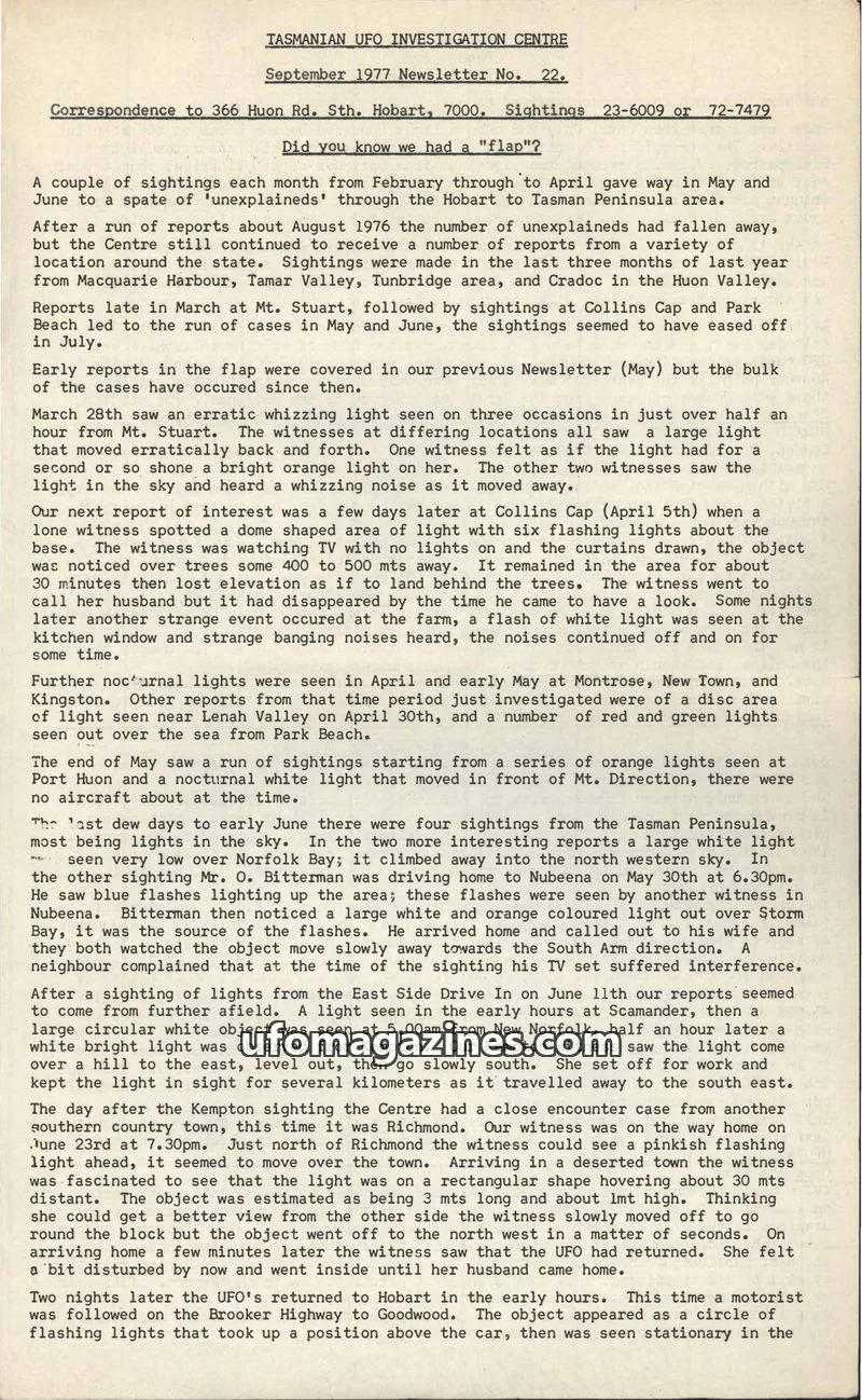 Cover of TUFOIC Newsletter issue No. 22: TASMANIAN UFO INVESTIGATION CENTRE