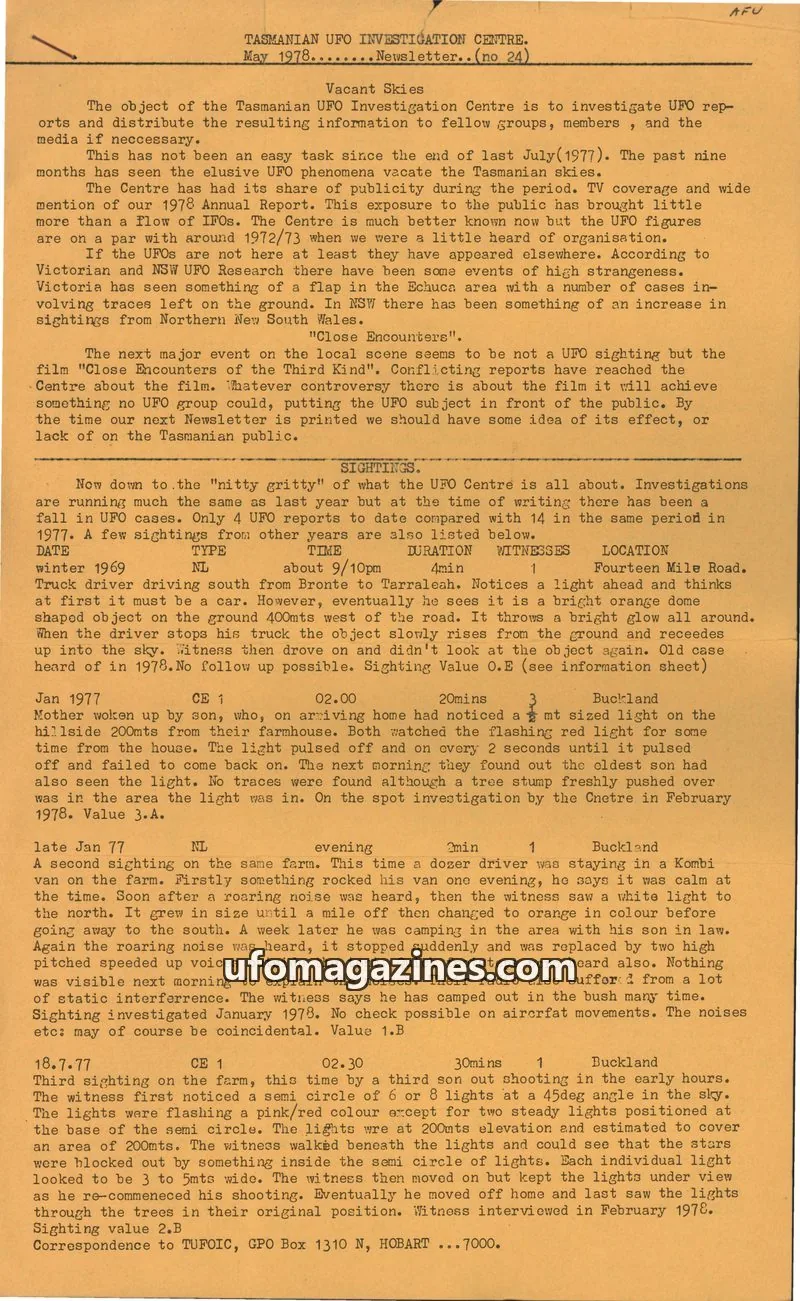 Cover of TUFOIC Newsletter issue no 24: TASMANIAN UFO INVESTIGATION CENTRE. Newsletter.