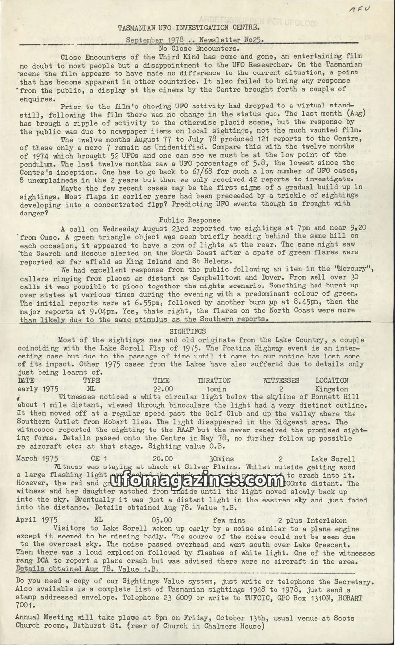 Cover of TUFOIC Newsletter issue Newsletter No25: TASMANIAN UFO INVESTIGATION CENTRE.
