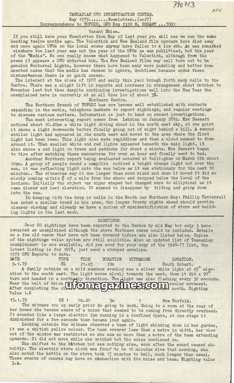 Cover of TUFOIC Newsletter issue no27: TASMANIAN UFO INVESTIGATION CENTRE Newsletter