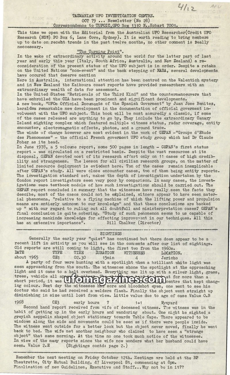 Cover of TUFOIC Newsletter issue Newsletter (No 28): TASMANIAN UFO INVESTIGATION CENTRE