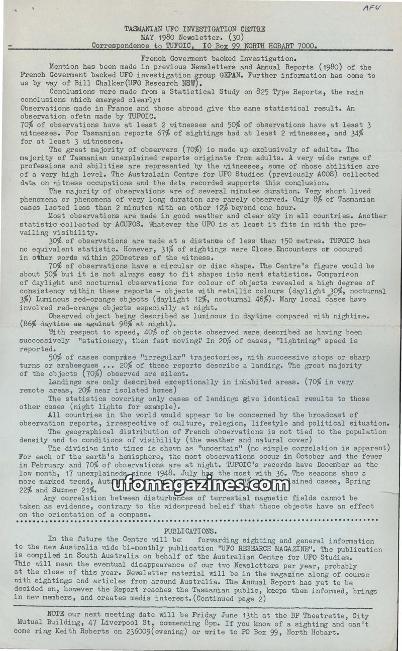 Cover of TUFOIC Newsletter issue 30: TASMANIAN UFO INVESTIGATION CENTRE