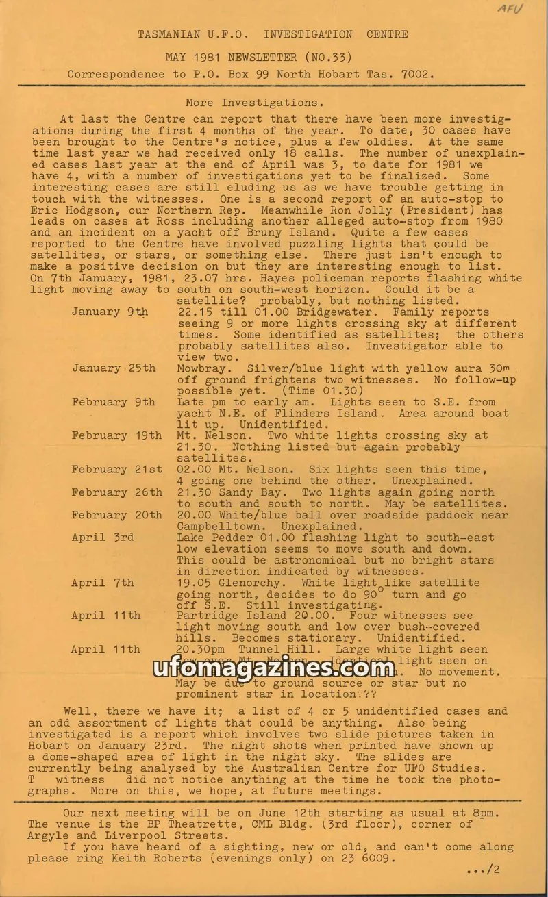 Cover of TUFOIC Newsletter issue MAY 1981 NEWSLETTER (NO.33): TASMANIAN U.F.O. INVESTIGATION CENTRE