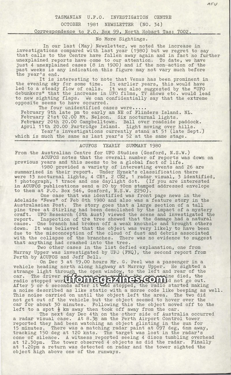 Cover of TUFOIC Newsletter issue NO. 34: TASMANIAN U.F.O. INVESTIGATION CENTRE OCTOBER 1981 NEWSLETTER